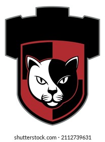 Vector cat face image, yin and yang symbol with the tower battlements on background.