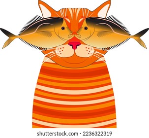 Vector cat with fish in front of his eyes. Fish day. Delicious fish.