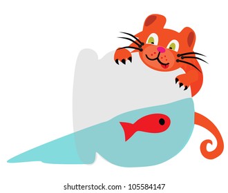 Vector - Cat and fish.He poured water from the aquarium for eat a fish.