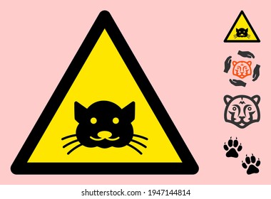 Vector cat flat warning sign. Triangle icon uses black and yellow colors. Symbol style is a flat cat hazard sign on a pink background. Icons designed for careful signals, road signs,