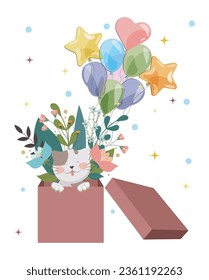 Vector cat with flowers and balloons in the box. Spring compositions. Holiday illustration. Cute kitten. Holiday compositions.