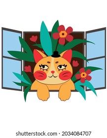 vector cat and flowers illustration