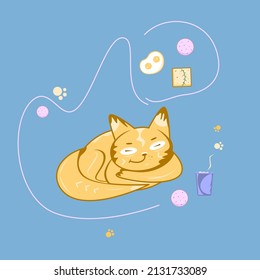 Vector cat or fox napping in the morning with the cup of coffee, tea and cake besides. There is a framed bubble above it including slice of bread, scrambled eggs, cake. 