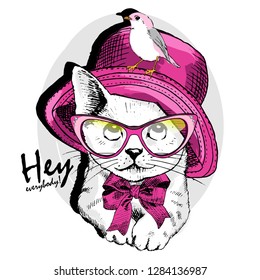 Vector cat with glasses, bird, pink hat and bow. Hand drawn illustration of dressed kitten.