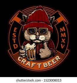 vector of cat with glasses and a glass of beer 