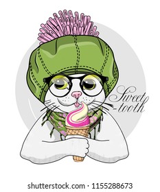 Vector cat with glasses, green hat, scarf and  ice cream. Hand drawn illustration of dressed kitten. 