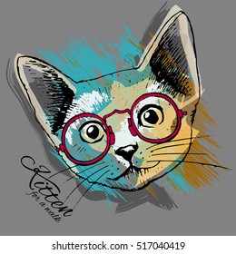 Vector cat with glasses. Hand drawn illustration of dressed cat.