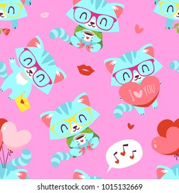 vector cat in glasses with heart punchy pastels pink St. Valentine's Day seamless pattern