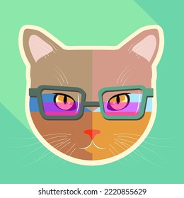 Vector cat with glasses. Cat icon on a colored background. Fashionable pet.
