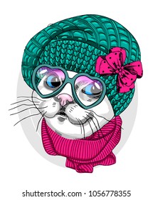 Vector cat with glasses, knitted hat and scarf. Hand drawn illustration of dressed cat.3