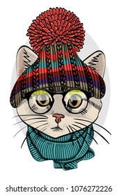 Vector cat with glasses, knitted hat and green scarf. Hand drawn illustration of dressed cat