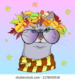 Vector cat in glasses. On his head a wreath of autumn leaves