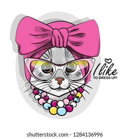 Vector cat with glasses, pink headscarf and necklace.. Hand drawn illustration of dressed kitten.