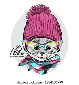 Vector cat with glasses, pink knitted hat and scarf. Hand drawn illustration of dressed kitten.