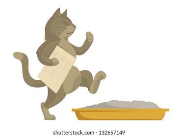 vector cat goes in toilet with newspaper