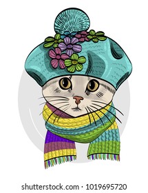 Vector cat with green knitted beret and scarf. Hand drawn illustration of dressed cat.