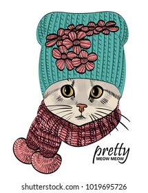 Vector cat with green knitted hat and scarf. Hand drawn illustration of dressed cat.