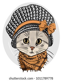 Vector cat with grey knitted hat and scarf. Hand drawn illustration of kitten.
