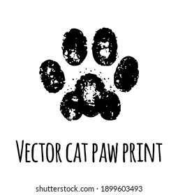 Vector cat grunge footprint. Black pet kitty textured paw mark silhouette drawing sign illustration isolated on white background.T shirt print design.Sticker.Kitten footstep icon texture.