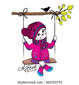 Vector cat in a hat and scarf on a swing. Kitten for a walk. White cat in a dress.