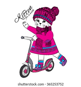 Vector cat in a hat and scarf with scooter. Kitten for a walk. White cat in a dress.