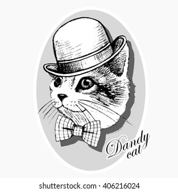 Vector cat in a  hat and  tie. Vintage white kitten with bow in a frame.