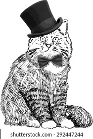 Vector cat in a hat and tie. White and black