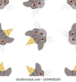 Vector Cat head for cat's happy birthday celebration greeting cards or invitation banners seamless pattern.