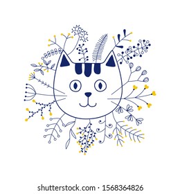 vector cat head with flowers