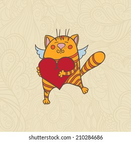 vector cat with heart and wings