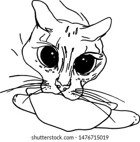 Vector cat with a hot dog for coloring drawn by a liner. Drawing of a cute cat with food for printing on t-shirts, banners, wallpaper, stencil