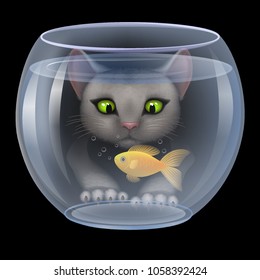 Vector. Cat hunting fish in the aquarium, funny cat looks, catches a small goldfish. Hungry curious kitten wants to eat. illustration3D, realistic illustrations.