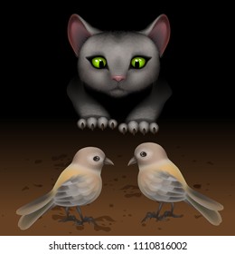 Vector. The cat hunts birds sparrows, hunting funny-looking cat catches a small gray brown bird. Hungry curious kitten wants to eat or dangerous situation illustration 3D, realistic illustrations