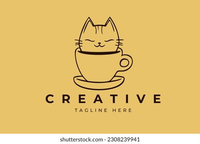 vector cat icon of a kitten with a coffee cup, logo symbol cartoon character illustration design.