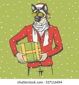 Vektorkatzengrafik. Chat in menschlichen Anzügen, Weihnachtsmütze und Weihnachtsgeschenk