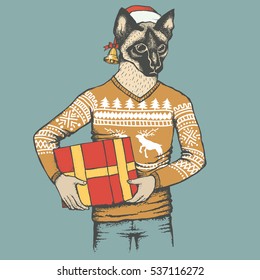 Vector cat illustration. Cat in human sweatshirt, Santa hat, celebrating Christmas