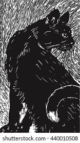 Vector Cat Illustration Made In Linocut Art Style, Elegant Black Cat Outline On White Background With Black Lines. 