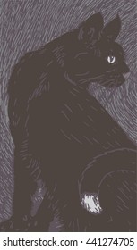 Vector Cat Illustration Made In Linocut Art Style, Elegant Brown Cat Outline On Sketchy Lined Background. 
