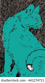 Vector cat illustration made in retro and pop art style, elegant Persian green cat outline on sketchy lined background. 

