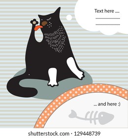 Vector cat illustration  on striped background./ Black cat