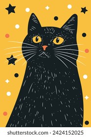 Ilustración del gato vector con estrellas en segundo plano