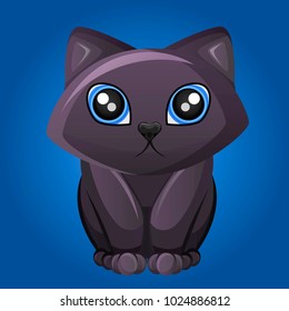 Vector cat isolated on blue background. Dark fur cat