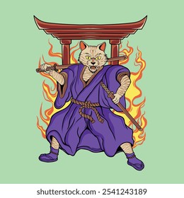 vector cat japan with sword in hand