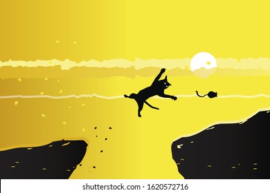 vector cat jumping cross the mountain for catching a rat on sunrise.success