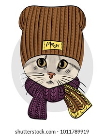 Vector cat with knitted hat and scarf. Hand drawn illustration of kitten.