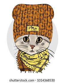 Vector cat with  knitted hat and scarf. Hand drawn illustration of dressed cat.