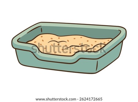 Vector cat litter box with cat filler. Hand drawn flat design cat sand in the toilet. Hygienic accessory for pets. Pet store product. Vector illustration
