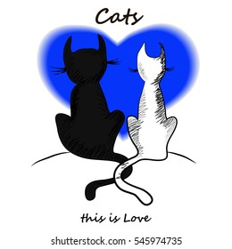 vector. cat lovers. Kitty couple today. A happy family. Love postcard. Elegant design. Heart dark blue. Isolated. Cat silhouette of a couple in love. Black and white cats in love. Couple cats together