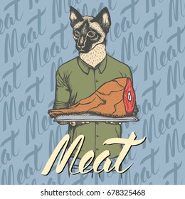 Vector cat with meat ham illustration. Vector food concept