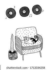 vector cat on the armchair near the cactus in the pot illustration